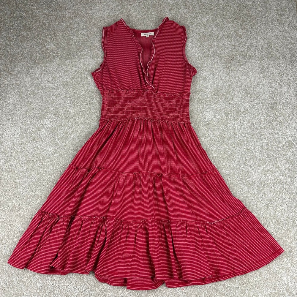 Max Studio Red White Striped Smocked Tiered Ruffle Cotton Blend Sun Dress XS